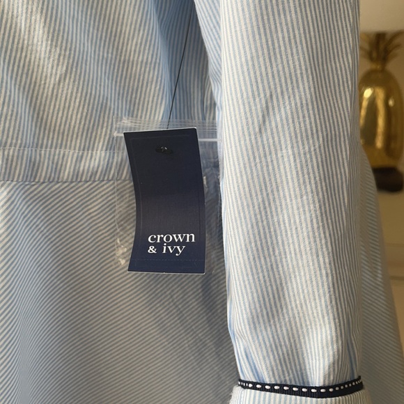 Crown & Ivy Button Up Shirt Sz L Blue White  Pinstripe Drawstring Waist NWT - Picture 10 of 15